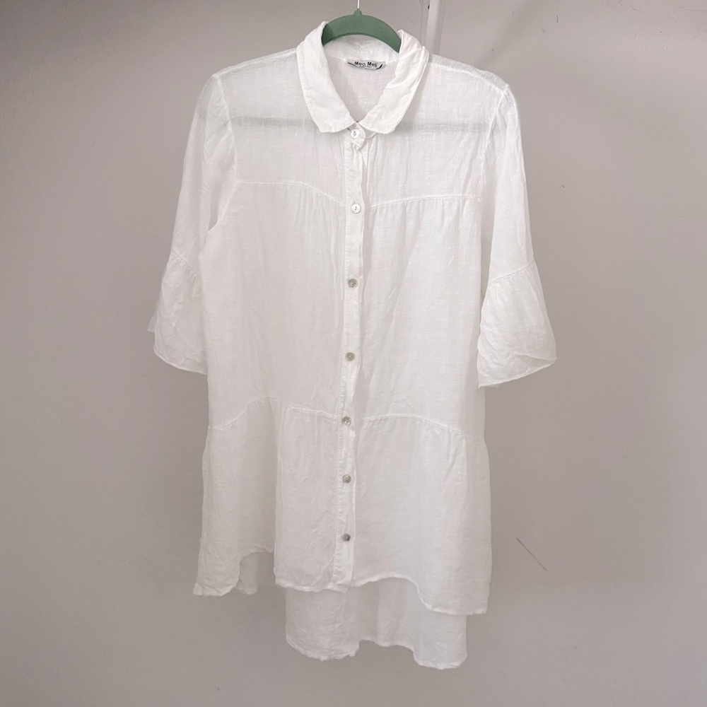Meo Meli Made In Italy White 100% Linen Shirt with Flounce